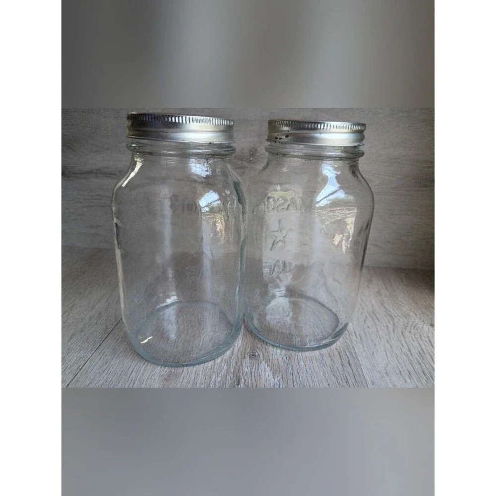 Vintage STAR Mason Jars Clear Glass Set of 2 Embossed Seals & Rims Included 70's